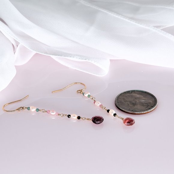 Tourmaline & Small Pearls Dangle Earrings, 14K Gold Filled Dainty Earrings - Picture 6 of 9